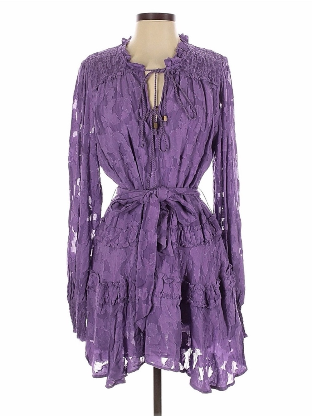 Karina Grimaldi Purple Ruffled Tie-Waist Mini Dress